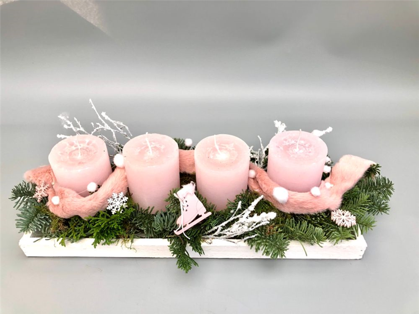Adventsgesteck Rosa auf Tablett 42x10x13cm, Adventsgesteck mit frischer Tanne